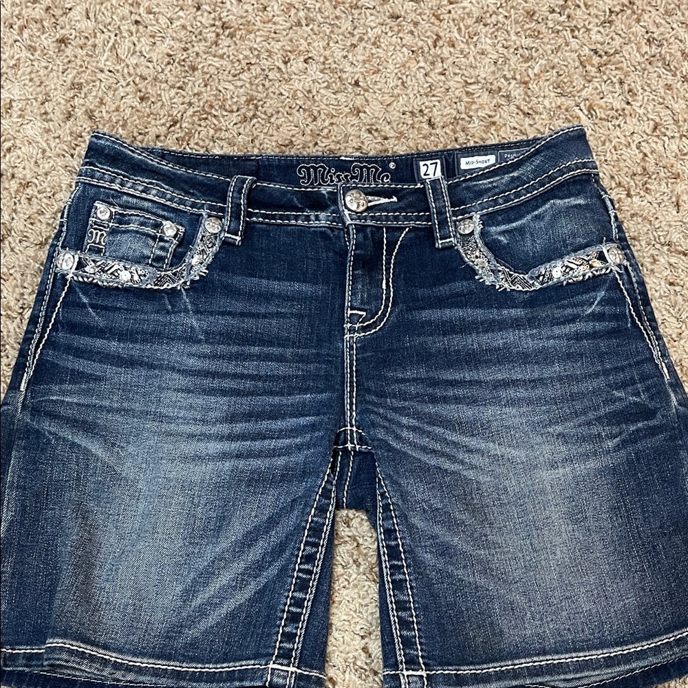 Miss Me Dark Blue Denim Shorts with Silver Accents